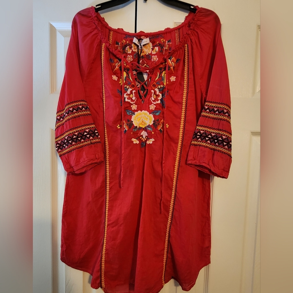 Johnny Was Embroidered Redish/Pink Lace-up Tunic Dress Small Size S